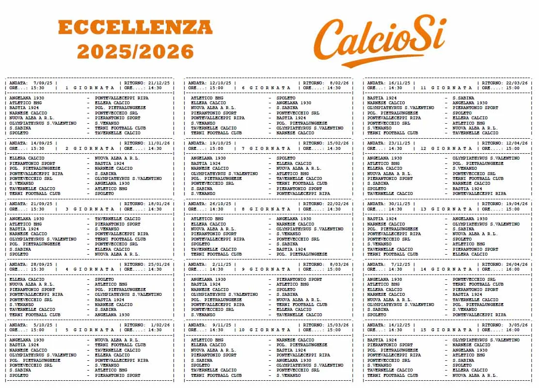 Eccellenza Umbria - Il calendario completo della stagione 2025 2026