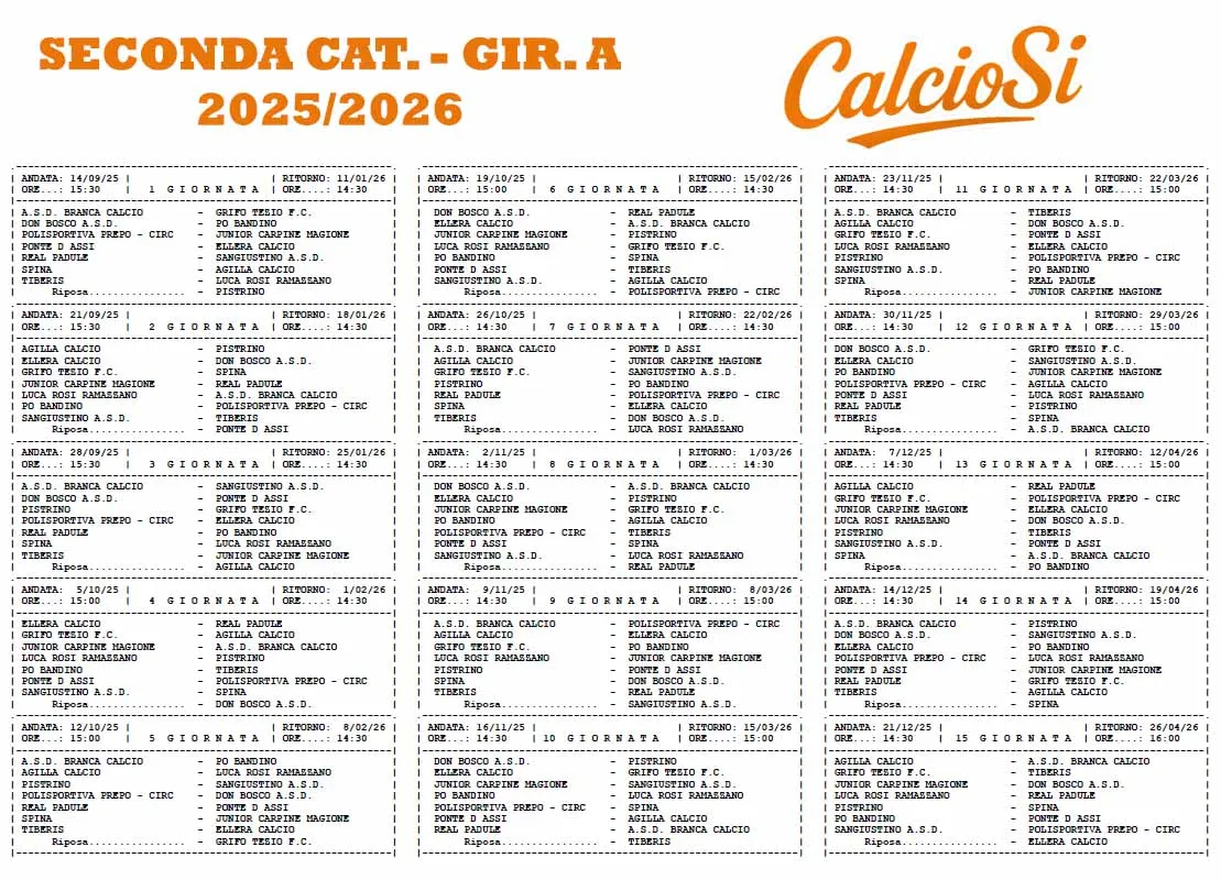 Seconda categoria Umbria - Il calendario completo dei gironi A, B e anche C della stagione 2025 2026.
