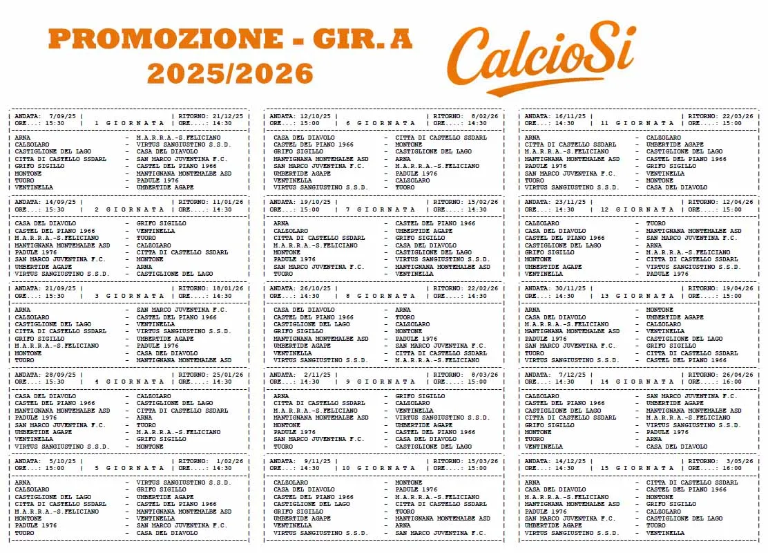 Promozione Umbria - Il calendario completo dei gironi A e B della stagione 2025 2026