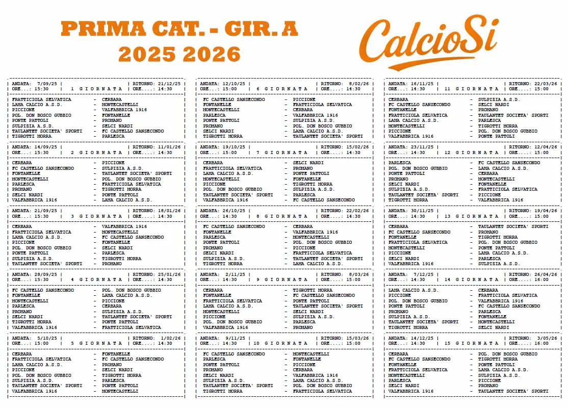 Prima categoria Umbria - Il calendario completo dei gironi A, B, C e D della stagione 2025 2026.